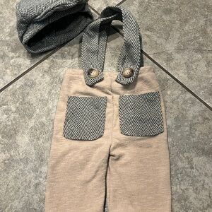 Newborn Stylish Herringbone Suspender Pants with Cap